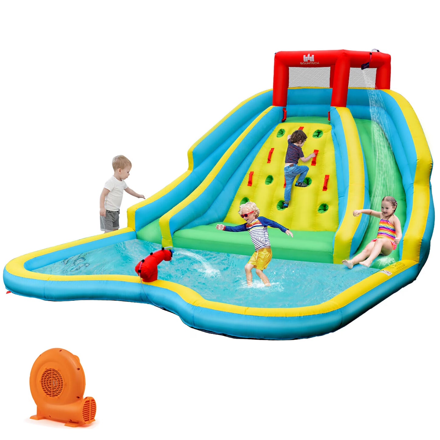 Gymax Inflatable Mighty Water Park Bouncy Splash Pool Climbing Wall with 680W Blower
