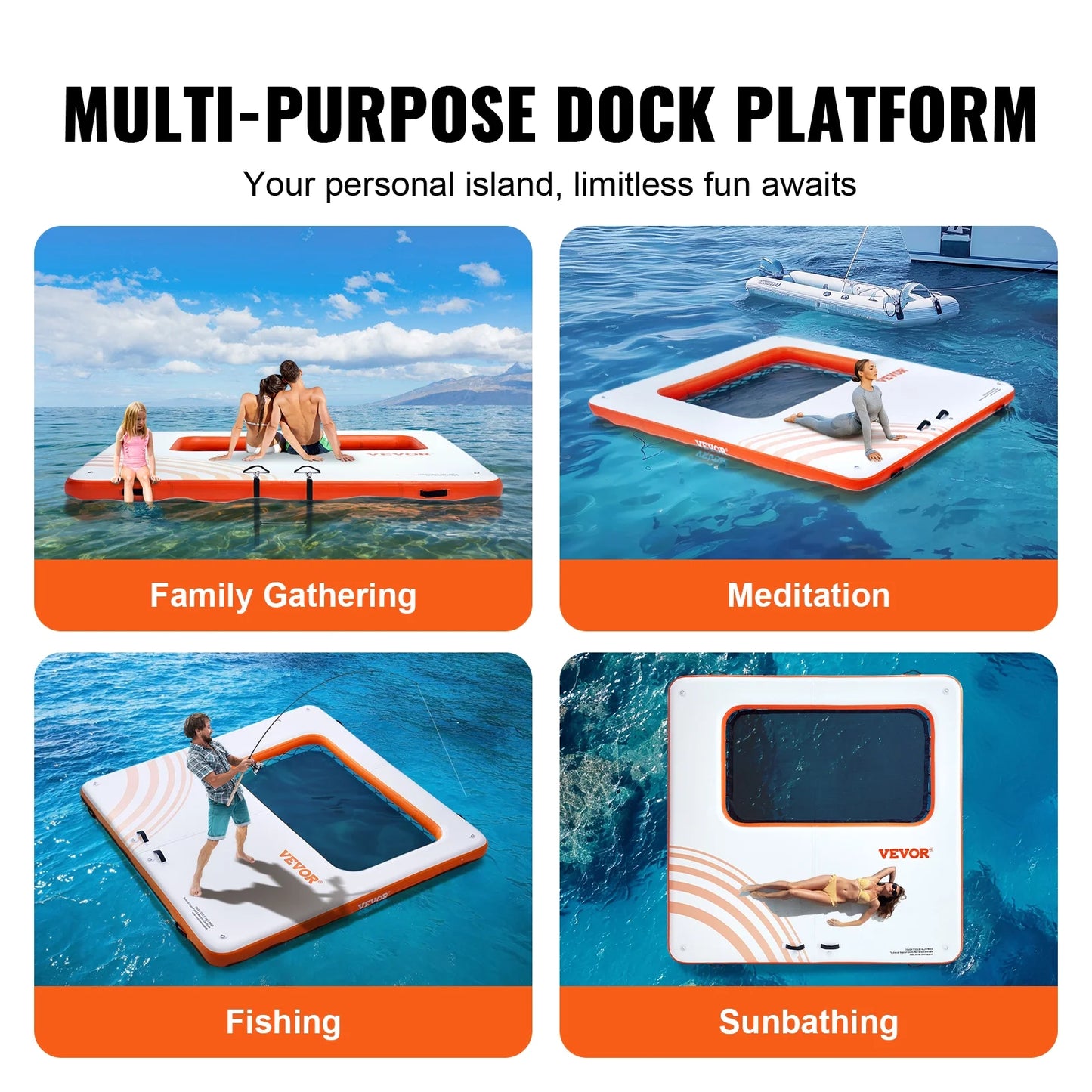 Inflatable Floating Dock, 10x10FT Inflatable Dock Platform with 4*7FT Trampoline Mesh Pool